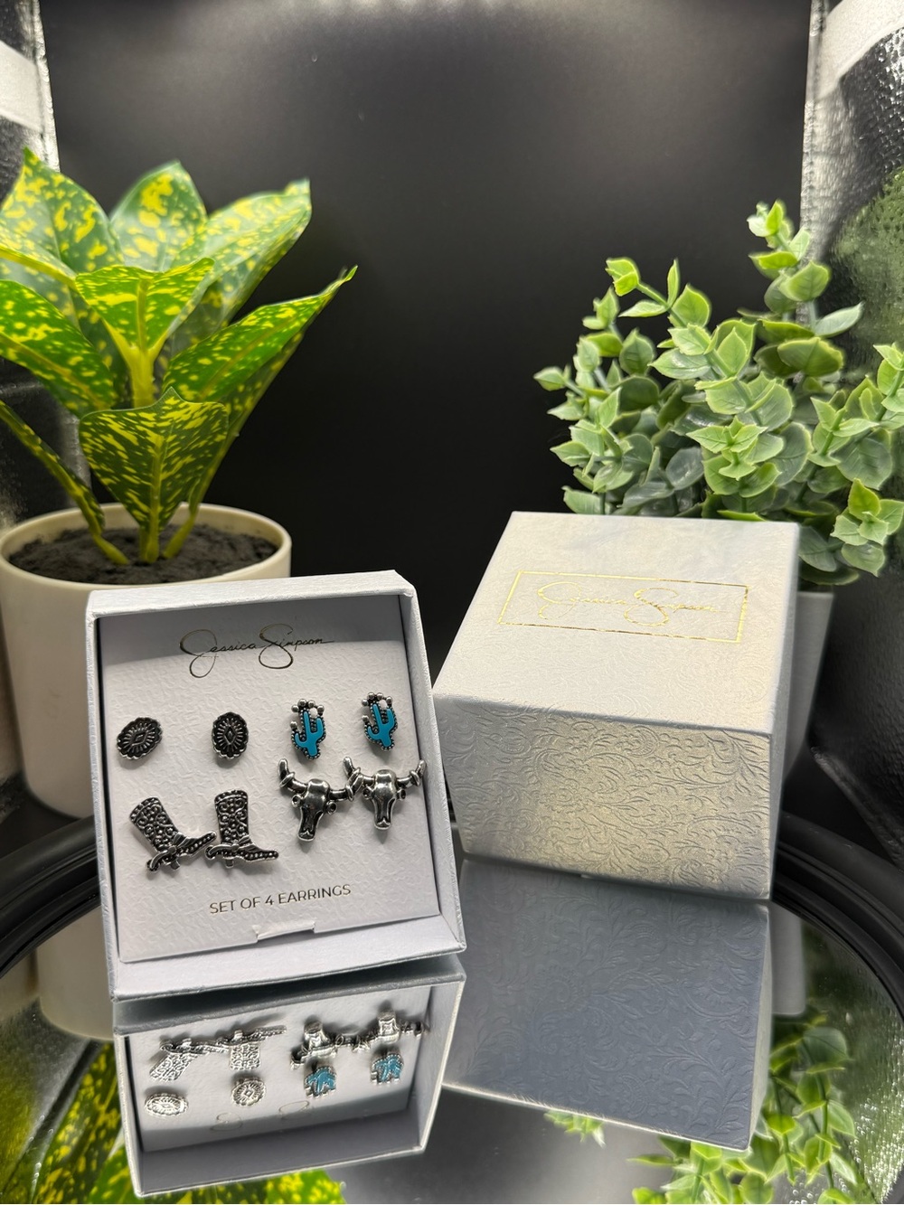 Jessica Simpson Silver Tone Earring Set with Turquoise Accents